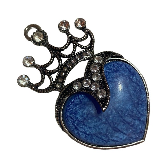 Jewelry - Large Pendant Light Blue Marbled Heart Shaped Stone w/Clear Stones and Top Crown